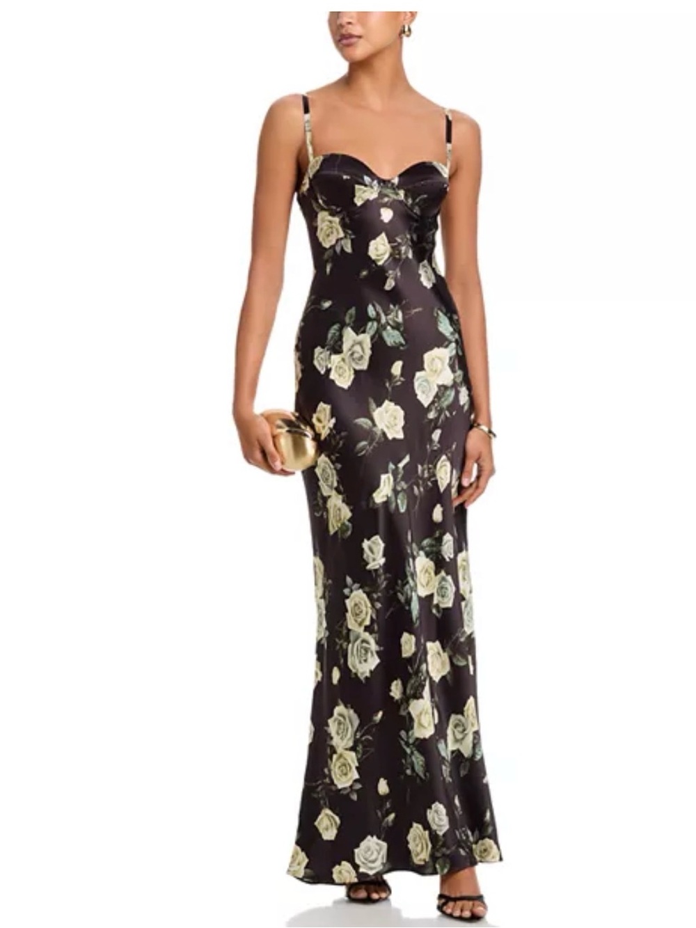 L'AGENCE Black Satin Slip Maxi Dress with Cream Rose Print
